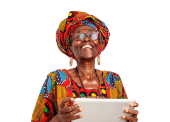 Senior Black Woman Smiling with Tablet