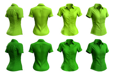 2 Set of woman dark light green lime button up short sleeve collar slim fitting shirt front, back, side view on transparent background cutout, PNG file. Mockup template for artwork graphic design
