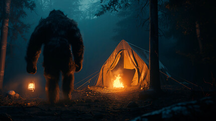 Bigfoot at camper's tent - obrazy, fototapety, plakaty