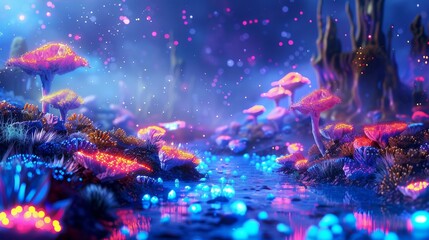 Psychic Healing Session in Alien Landscape with Bioluminescent Plants and Floating Stones