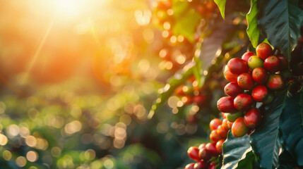 branch of ripe red coffee beans growing on plantation with sunshine - obrazy, fototapety, plakaty