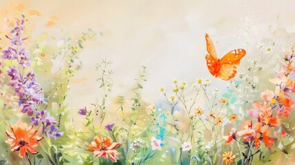 Fototapeta na wymiar oil-painted orange butterflies and lovely springtime wildflowers