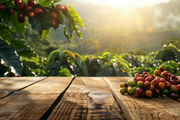 wooden table with red coffee beans and coffee plantation at sunset on the background