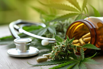 medicinal pot with marijuana buds and stethoscope. Concept of medical cannabis