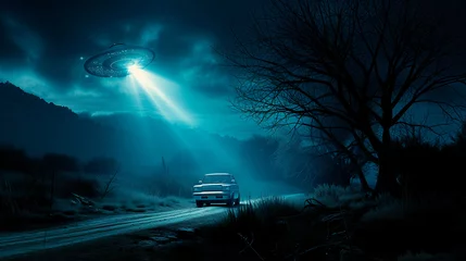Poster UFO beam strikes car © jon