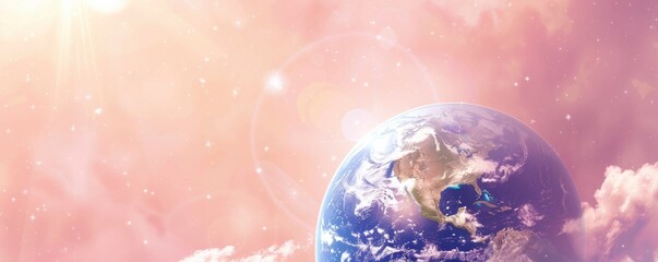 a holy planet in an actual world with a soft pink background and shining white light