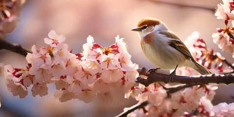Photo of a yellow finch sitting on a branch of a light pink plum blossom tree bird with blurred background
