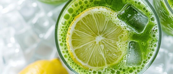 a glass of healthy green juice with lemon slice and ice cubes and blurred background with ice cubes