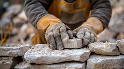 close-up of a builder's hands in gloves laying bricks