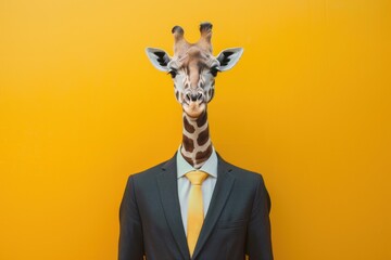 Giraffe in a business suit with a tie on a yellow background. - obrazy, fototapety, plakaty