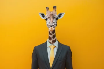 Foto op Plexiglas Giraffe in a business suit with a tie on a yellow background. © evgenia_lo