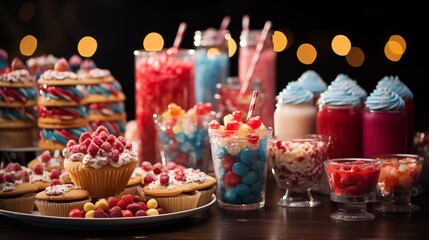 Carnival-themed desserts and treats arranged on a dessert buffet