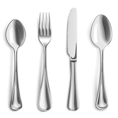 3d realistic cutlery set with table knife, spoon, fork, tea spoon and fish spoon.