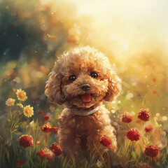 A cute brown poodle in the field