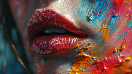 Close-Up of Colored Paint or Lipstick On Beautiful Women Wet Lips Background Blur - obrazy, fototapety, plakaty