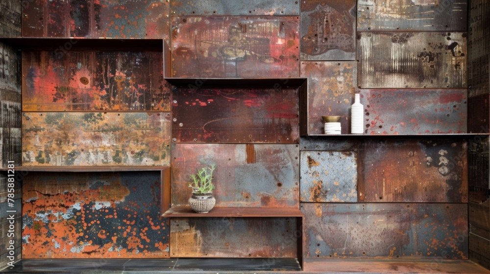 Poster the shelving units were made from repurposed rusty metal sheets that had been and welded together to
