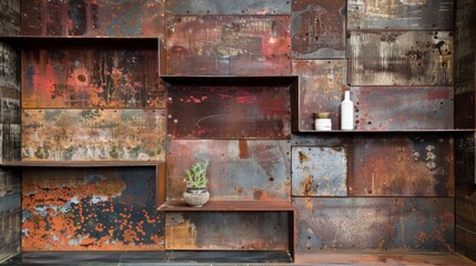 The shelving units were made from repurposed rusty metal sheets that had been and welded together to create a unique industrial storage solution. The uneven edges and speckles of rust . - obrazy, fototapety, plakaty