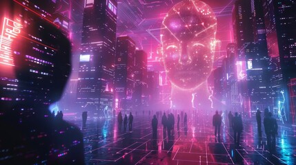 Neon Cyberpunk Cityscape: Network of Connected Minds - obrazy, fototapety, plakaty