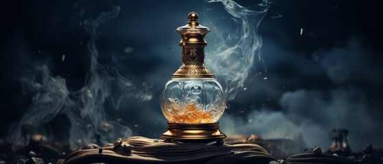 Artistic perfume bottle against a blurred, dramatic thunderstorm background,