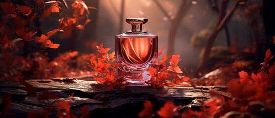 Artistic perfume design in a blurred, fiery autumn forest setting, - obrazy, fototapety, plakaty