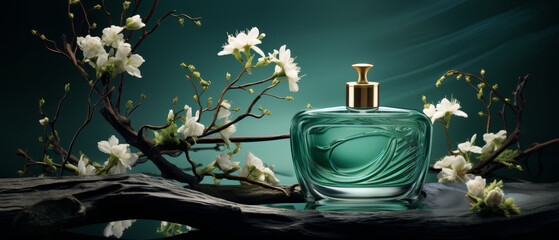 Contemporary perfume design against a flat, opulent jade background, symbolizing wealth, - obrazy, fototapety, plakaty