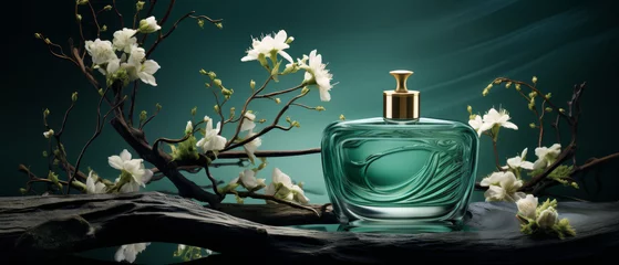 Poster Contemporary perfume design against a flat, opulent jade background, symbolizing wealth, © Anuwat