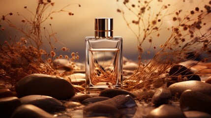 Contemporary perfume design on a flat background of fine, golden sand, - obrazy, fototapety, plakaty