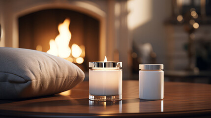 Detailed 3D rendering of skin calming lotions, blurred cozy fireplace setting,