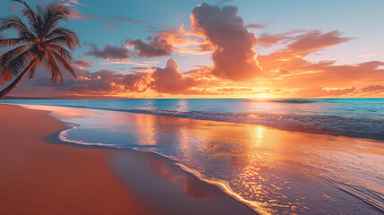 Fototapeta na wymiar A panoramic view of a tropical beach at sunset, with vibrant hues of orange and pink reflecting off the calm ocean waves