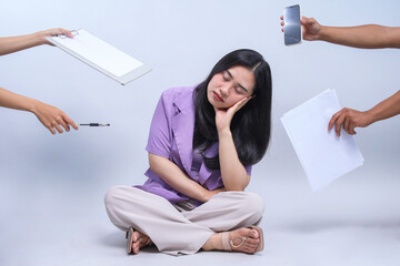 Exhausted Young Female Worker with Many Tasks To Do, Sitting and  Boring with Working Isolated on...