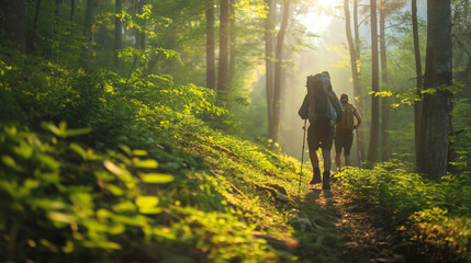 a group of people with backpacks go hiking in the green forest
