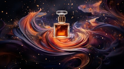 Elegant perfume on a flat background of swirling galaxy patterns, - obrazy, fototapety, plakaty