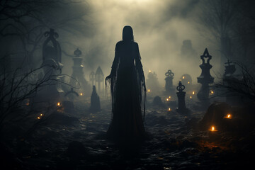 A ghostly figure moving through a misty graveyard in the evening. Spooky concept. - obrazy, fototapety, plakaty
