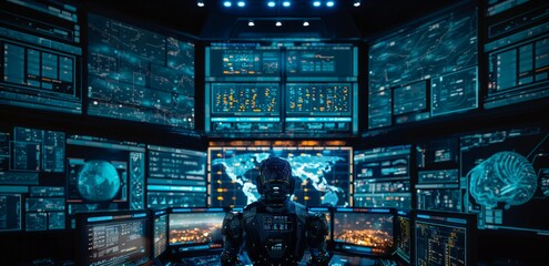 Military AI robots analyze global data to detect and neutralize threats in real-time, enhancing cyber defense - obrazy, fototapety, plakaty