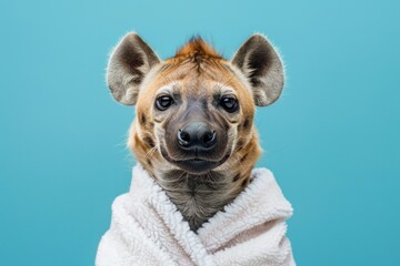 Obraz premium Portrait of a hyena wearing a white bathrobe, facing the camera against a blue backdrop.