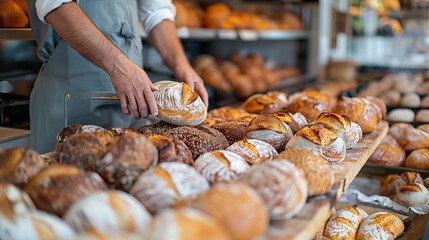 Staple food bread resting on wooden shelf in bakery