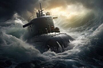 Submarine in Stormy Seas: Submarine navigating through rough seas. - obrazy, fototapety, plakaty