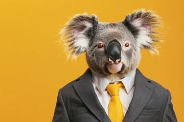 Koala head on a human body in a business suit on a yellow background. - obrazy, fototapety, plakaty
