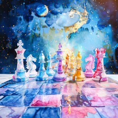 Stock market themed chess set on the moon surface, kings and queens as major stock indices