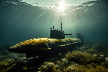 Submarine in Shallow Waters: Submarine in shallow coastal waters. - obrazy, fototapety, plakaty