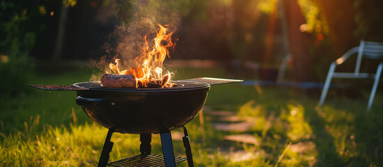 Barbecue grill with bright fire on backyard, copy space background