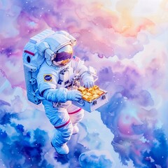 Astronaut on a spacewalk holding a briefcase full of gold bars, highrisk highreward investments