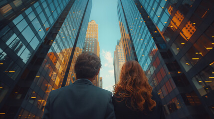 business man and woman looking at skyscrapers