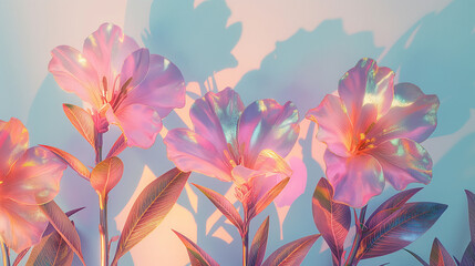 Fototapeta na wymiar giant iridescent holographic flowers from a white wall