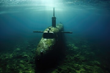 Submarine at Periscope Depth: Submarine partially surfaced with periscope visible. - obrazy, fototapety, plakaty