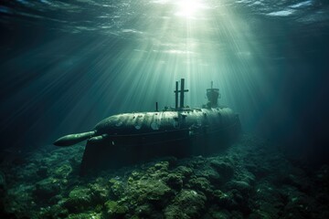 Submarine at Periscope Depth: Submarine partially surfaced with periscope visible. - obrazy, fototapety, plakaty