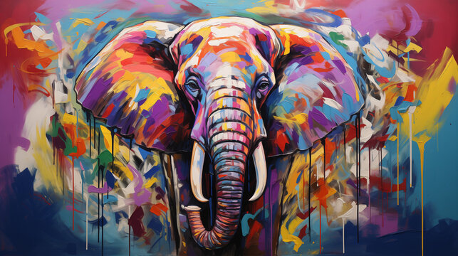 colorful painting abstract art elephant on a purple studio background