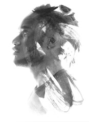 A paintography profile portrait combined with brush strokes in double exposure