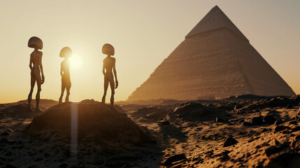 Extraterrestrials at Egyptian pyramid - obrazy, fototapety, plakaty
