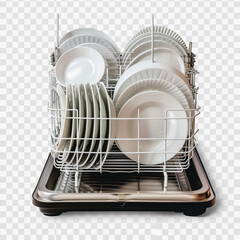 Clean dishes drying on metal dish rack, isolated on white - obrazy, fototapety, plakaty